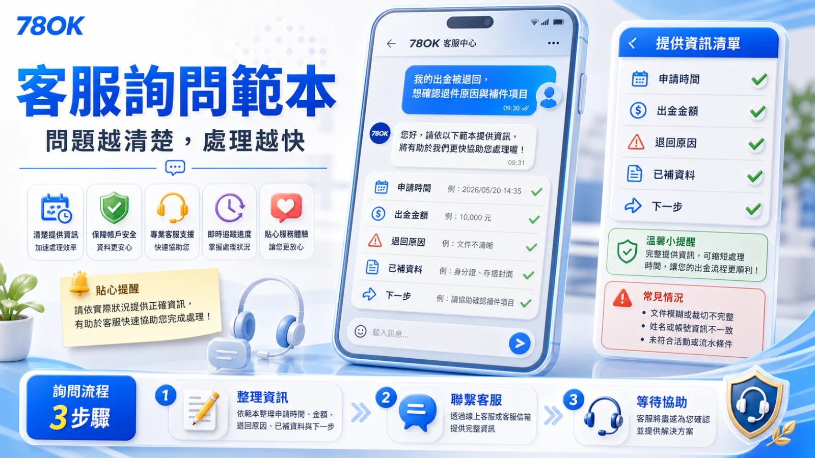 78OK 出金退回客服詢問範本，包含申請時間、出金金額、退回原因、已補資料與下一步