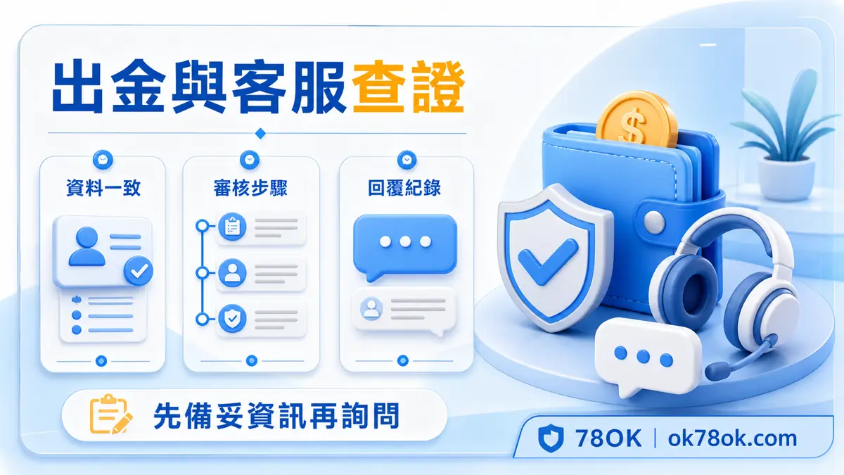 78OK 出金與客服查證圖，整理資料一致、審核步驟與回覆紀錄