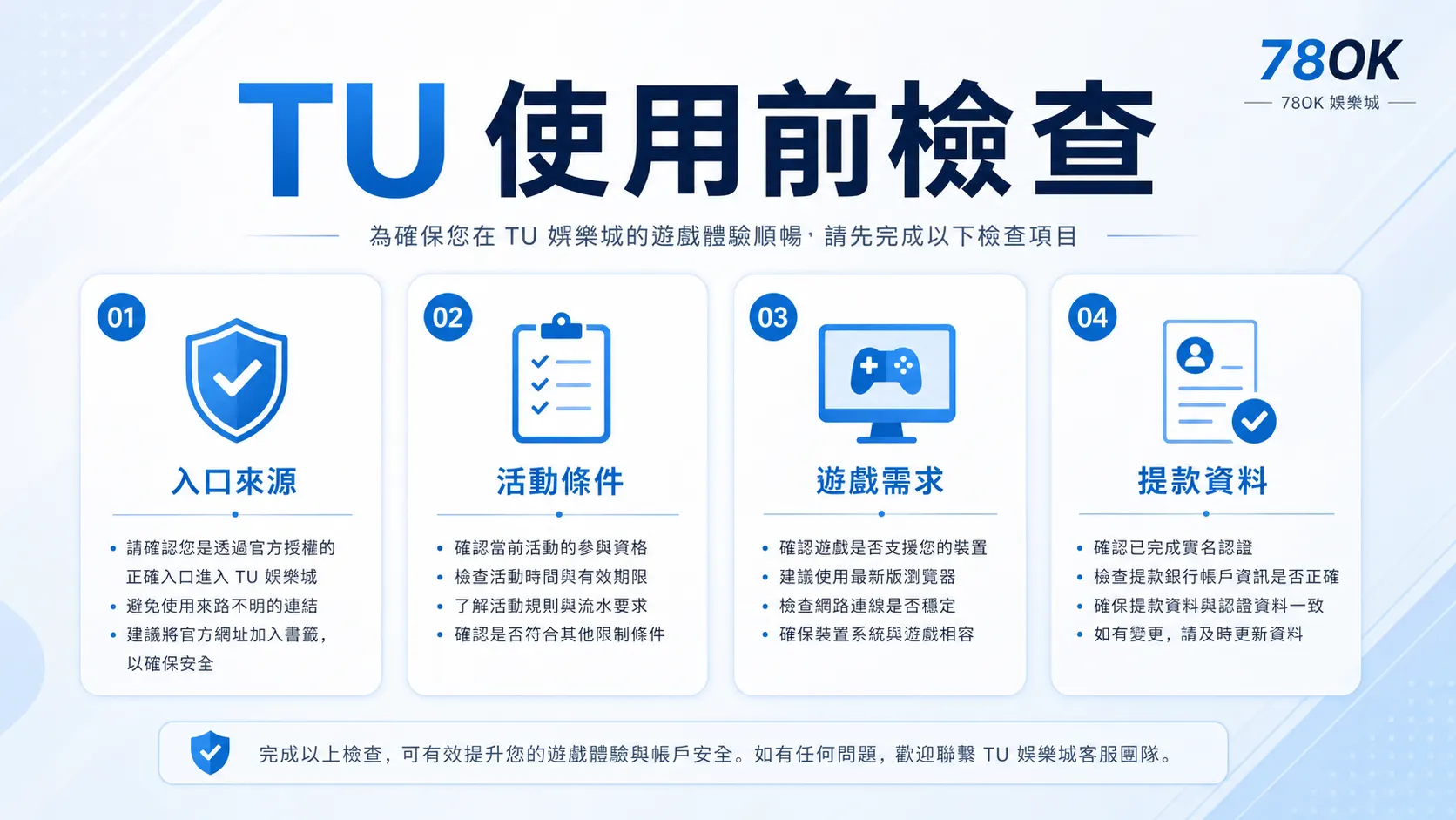 78OK TU 使用前檢查圖，整理入口來源、活動條件、遊戲需求與提款資料