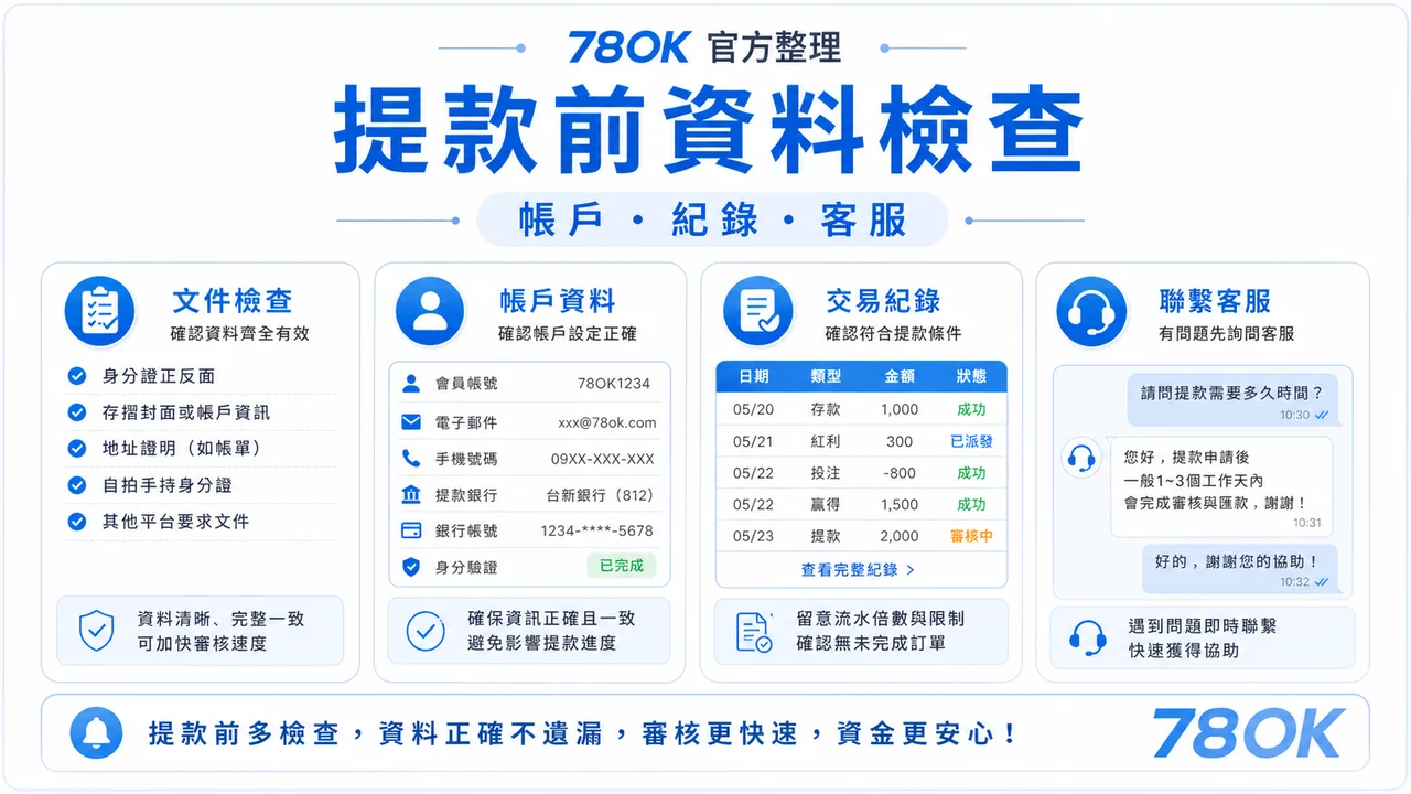 78OK BCR 提款前資料圖，包含帳戶、交易與客服