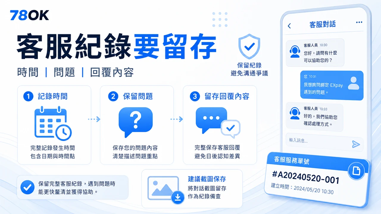 78OK 客服紀錄保存，包含問題時間、交易編號、截圖與回覆內容