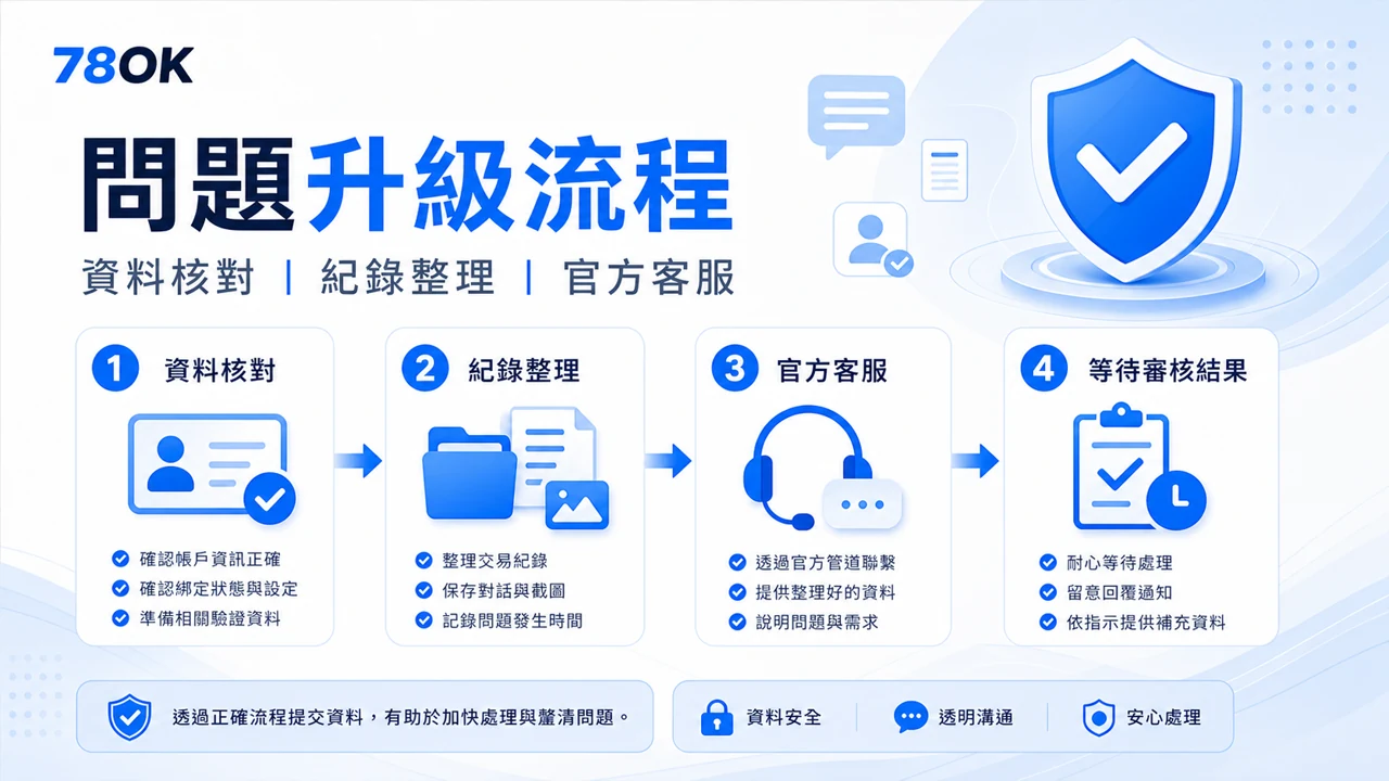 78OK 問題升級流程，從代理確認、官方客服、資料補件到停止互動