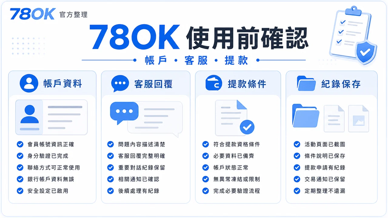78OK 使用前確認圖，包含帳戶、客服與提款