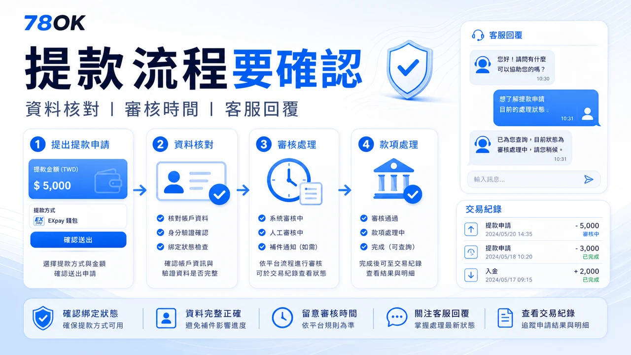 78OK 整理提款與客服確認，包含身份資料、交易紀錄與處理狀態