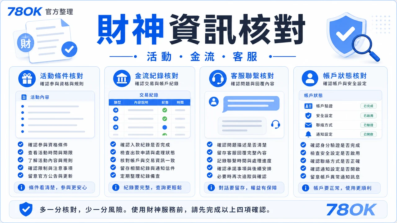 78OK 財神資訊核對圖，包含活動、金流與客服