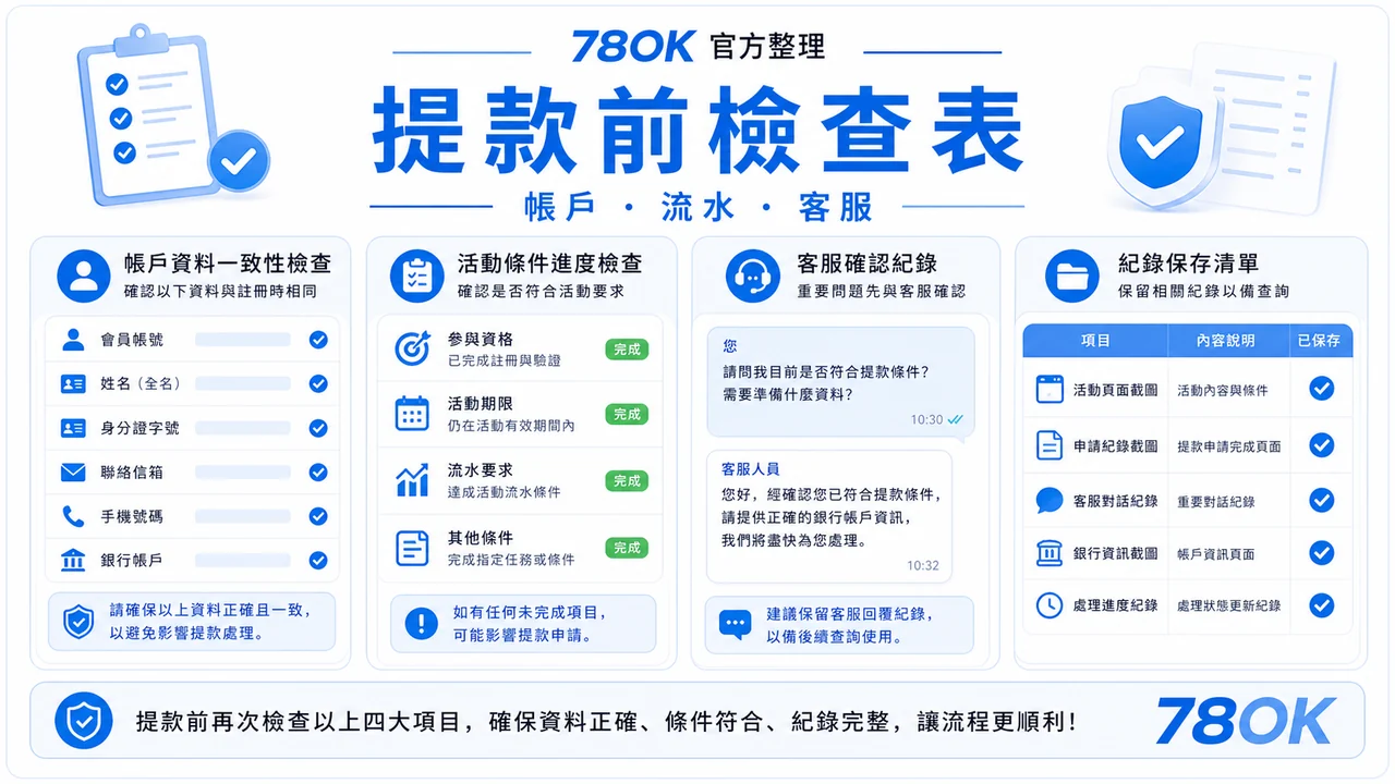 78OK 提款前檢查表圖，包含帳戶、流水與客服