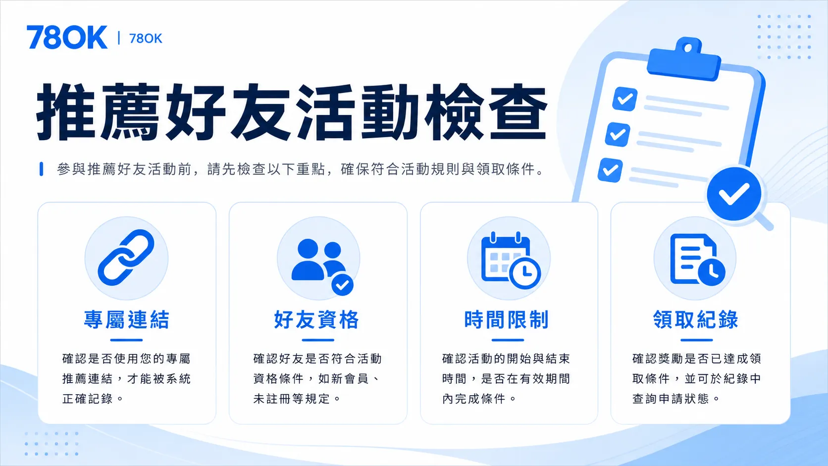 78OK 推薦好友活動檢查圖，整理專屬連結、好友資格、時間限制與領取紀錄