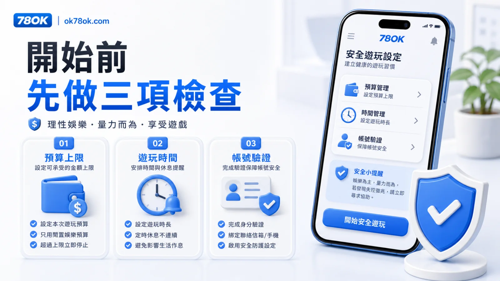 78OK 開始前檢查圖，包含預算、時間與帳戶驗證