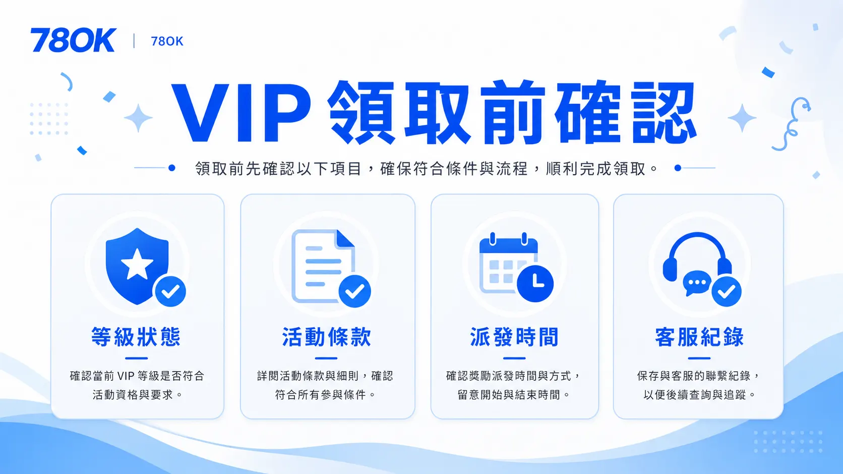 78OK VIP 領取前確認圖，整理等級狀態、活動條款、派發時間與客服紀錄