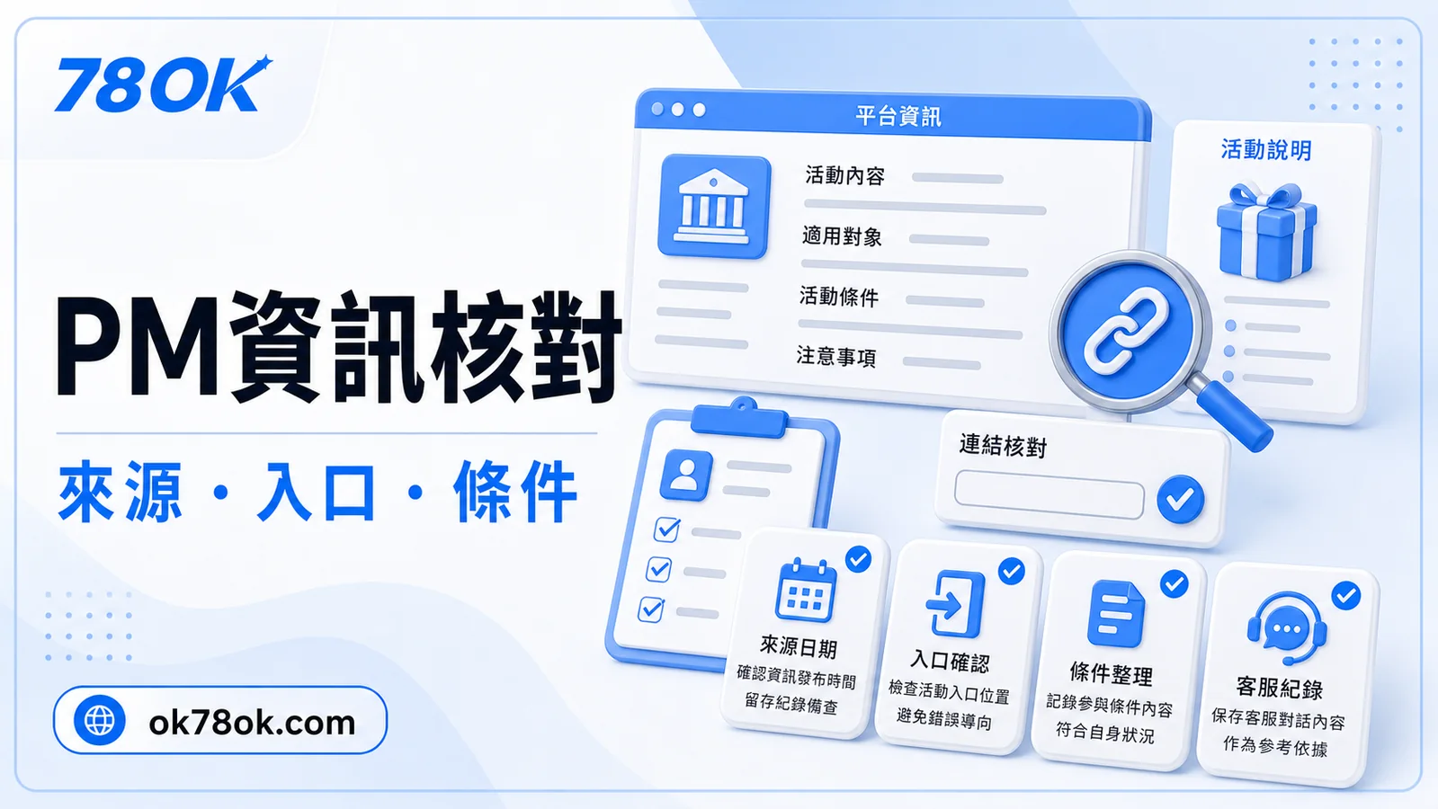 78OK PM 資訊核對示意，包含來源、入口、條件與客服資料