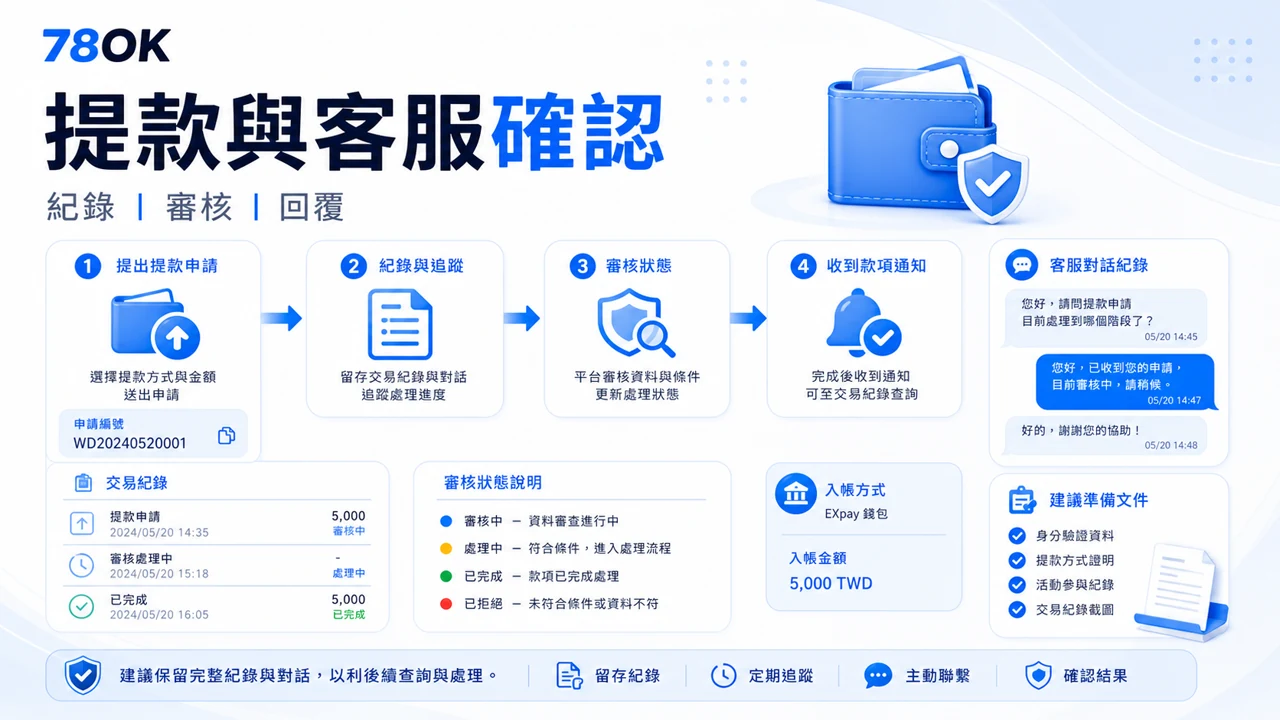 78OK 與通博提款客服比較，包含身份資料、審核紀錄與回覆流程