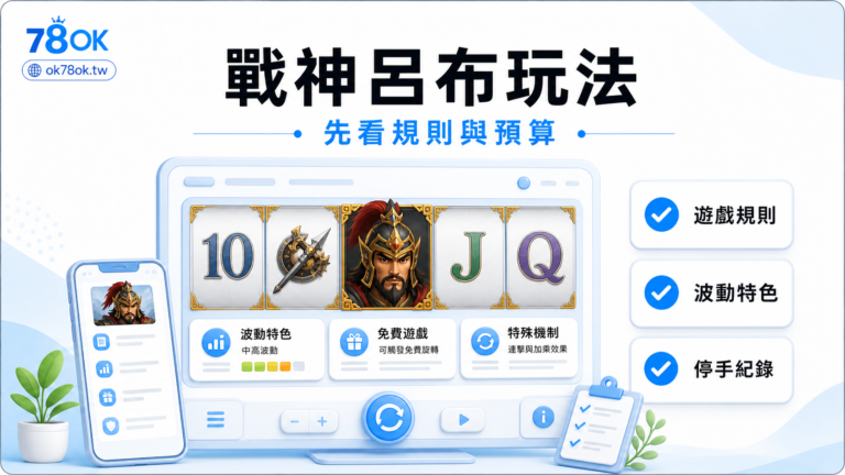 RSG 戰神呂布老虎機怎麼玩?特色、波動與預算檢查 11 78OK 戰神呂布玩法封面,白底冰藍介面呈現遊戲規則、波動特色與停手紀錄。