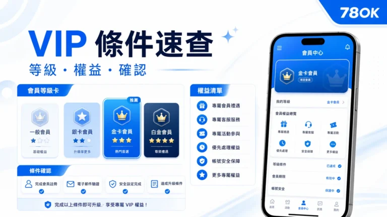 78OK VIP 條件速查與會員中心示意圖