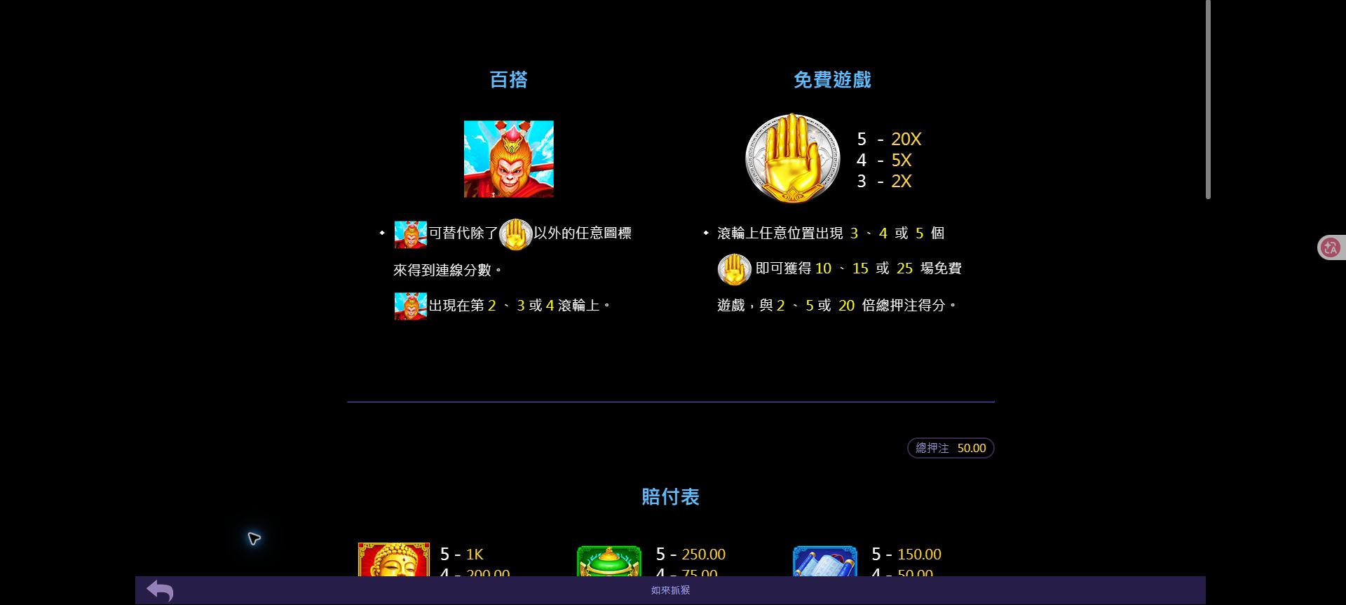 78OK 如來抓猴怎麼玩?243 路、百搭與免費遊戲一次看懂 5 如來抓猴規則頁顯示百搭替代功能,以及三四五個金色手掌對應的免費遊戲場次