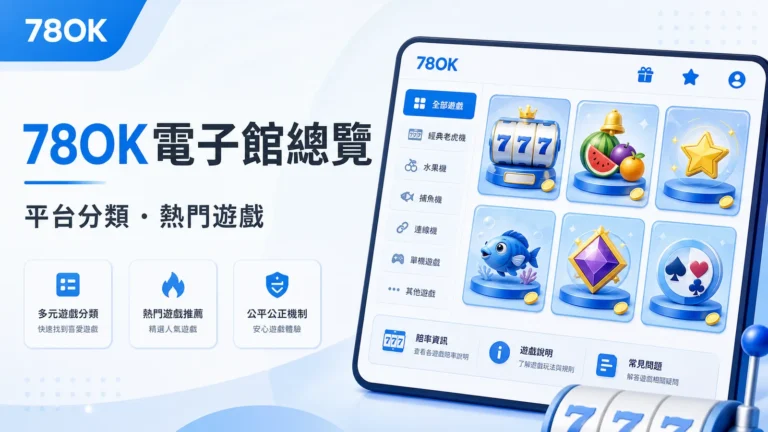 78OK電子館完整介紹:遊戲分區、供應商與新手怎麼挑 11 78OK電子館總覽精選圖,呈現電子遊戲平台分類與熱門遊戲卡片