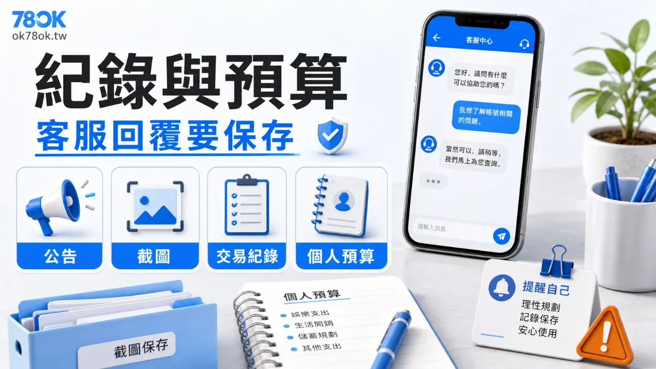 娛樂城體驗金怎麼看?78OK 整理領取條件、流水與提款前檢查 4 78OK 優惠參與紀錄與預算檢查圖,畫面呈現客服對話、截圖資料夾與預算筆記,提醒保存活動回覆與控制支出。
