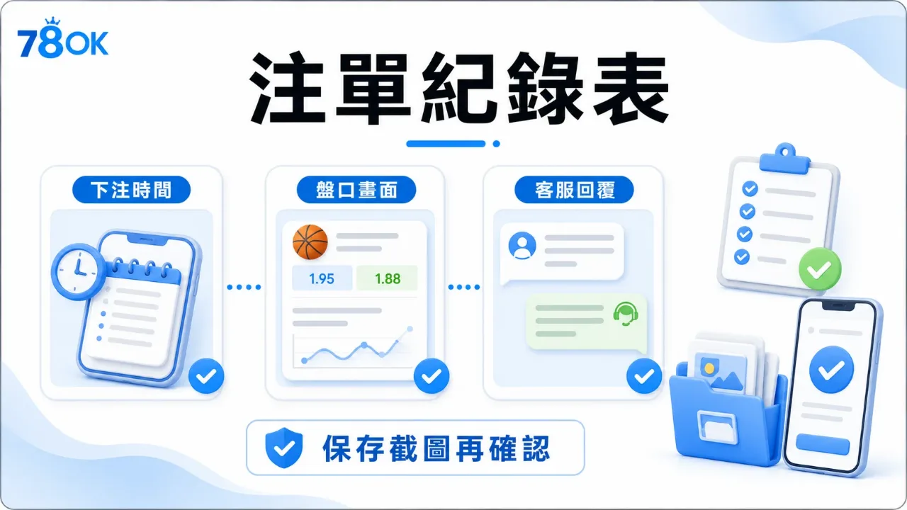 NBA 賽事投注前怎麼看?資料核對、盤口判讀與預算安排 3 78OK 注單紀錄表圖,提醒保存下注時間、盤口畫面與客服回覆。