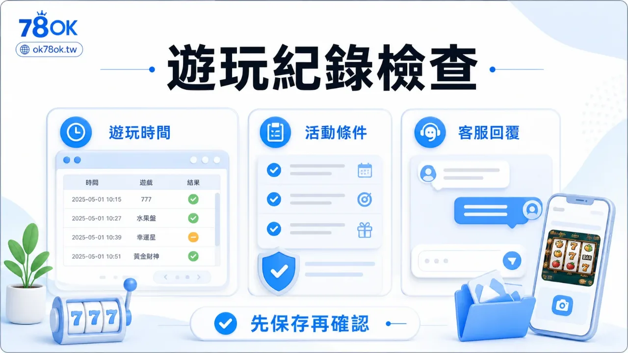 RSG 戰神呂布老虎機怎麼玩?特色、波動與預算檢查 3 78OK 遊玩紀錄檢查圖,提醒保存遊玩時間、活動條件與客服回覆。