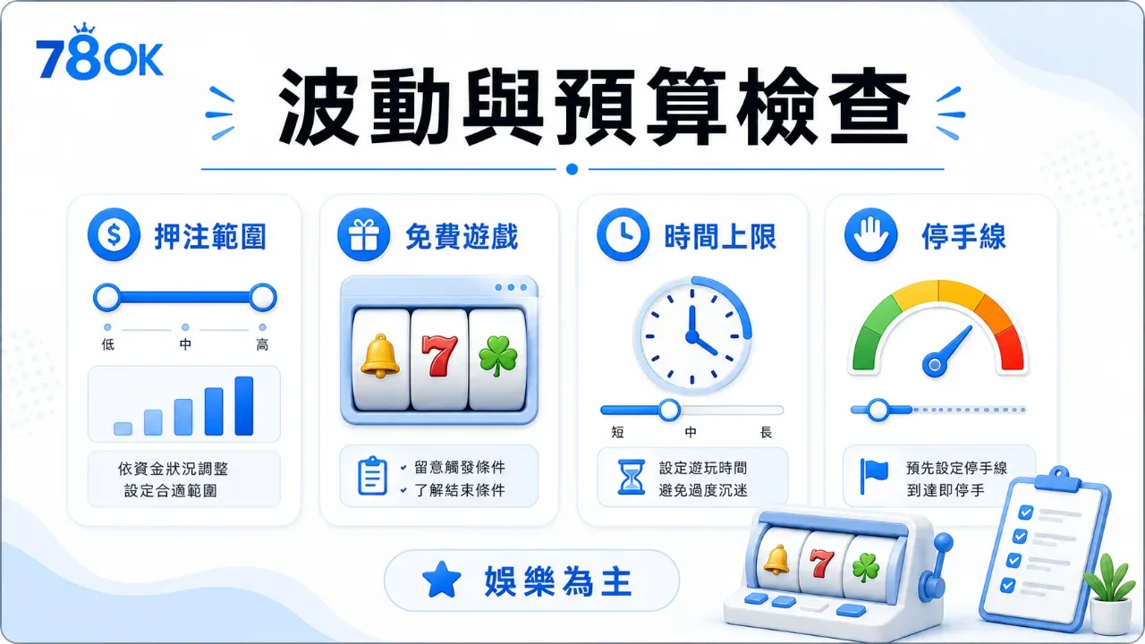 RSG 戰神呂布老虎機怎麼玩?特色、波動與預算檢查 2 78OK 波動與預算檢查圖,整理押注範圍、免費遊戲、時間上限與停手線。