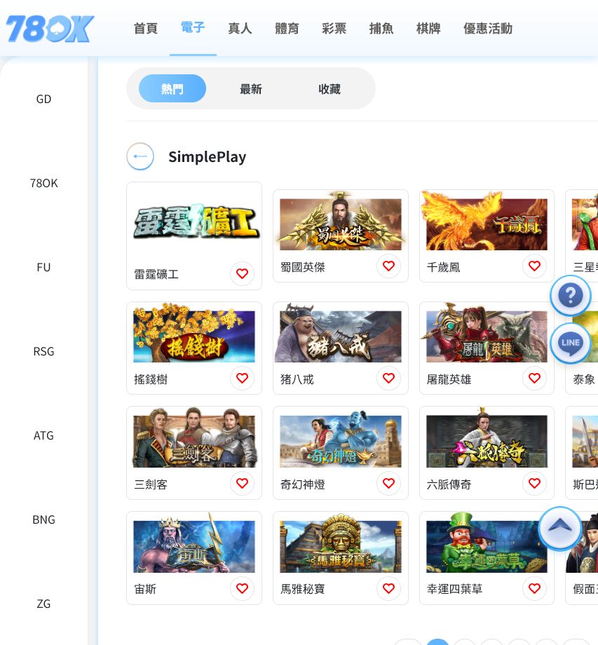 SimplePlay電子遊戲完整介紹|雷霆礦工、蜀國英傑、財神到與熱門遊戲 2 78OK電子館 SimplePlay 電子遊戲列表截圖