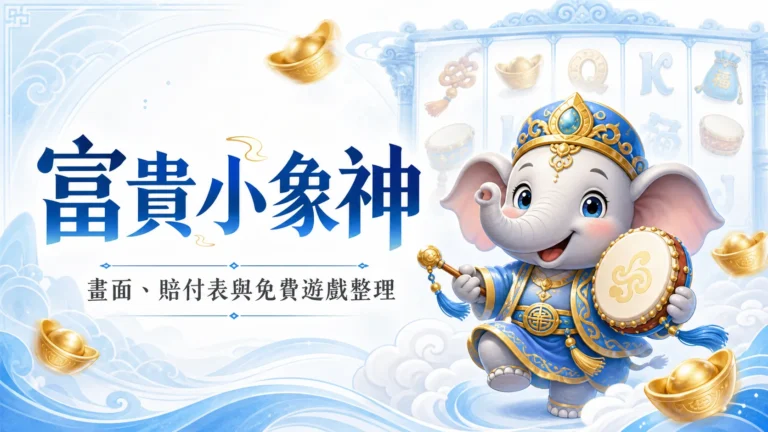 富貴小象神精選圖片，冰白藍風格的小象角色與遊戲整理標題